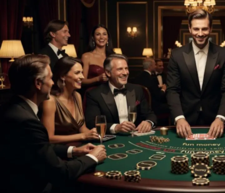 Ambiance de gala privé avec tables de jeux illuminées et invités élégants
