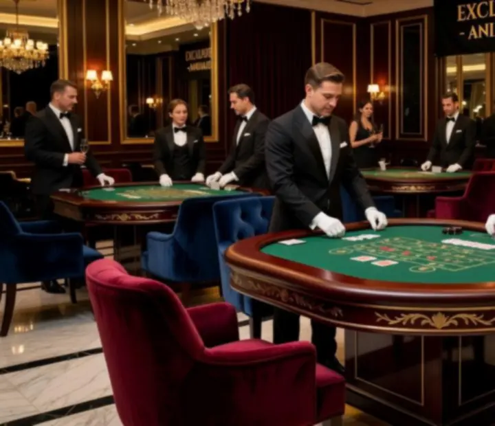 Ambiance raffinée avec tables de jeu factices, tapis sur mesure et croupiers professionnels.