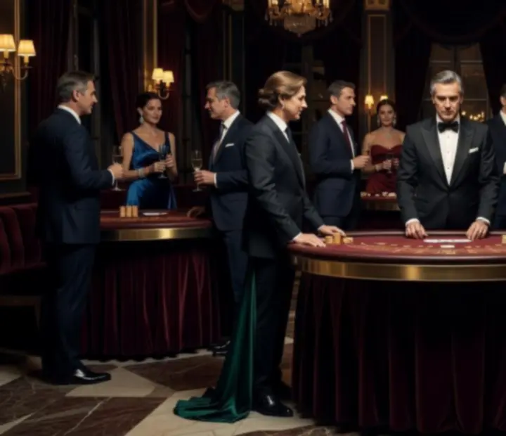 Salon de gala feutré avec tables de mock casino élégantes et lumière tamisée.