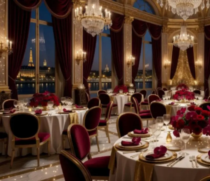 Salle de gala prestigieuse à Paris préparée pour une soirée événementielle de luxe