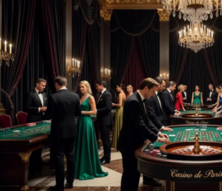 Salon de gala intimiste, lumière bordeaux et tables de jeu élégantes préparées pour une soirée événementielle.