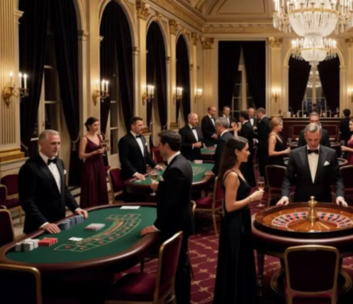Salle de gala avec tables de jeux et ambiance lumineuse raffinée
