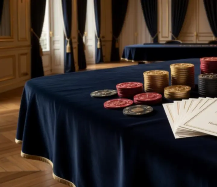 Vue d'ensemble d'un pack de soirée casino événementielle avec tables de jeux fictives et ambiance de gala